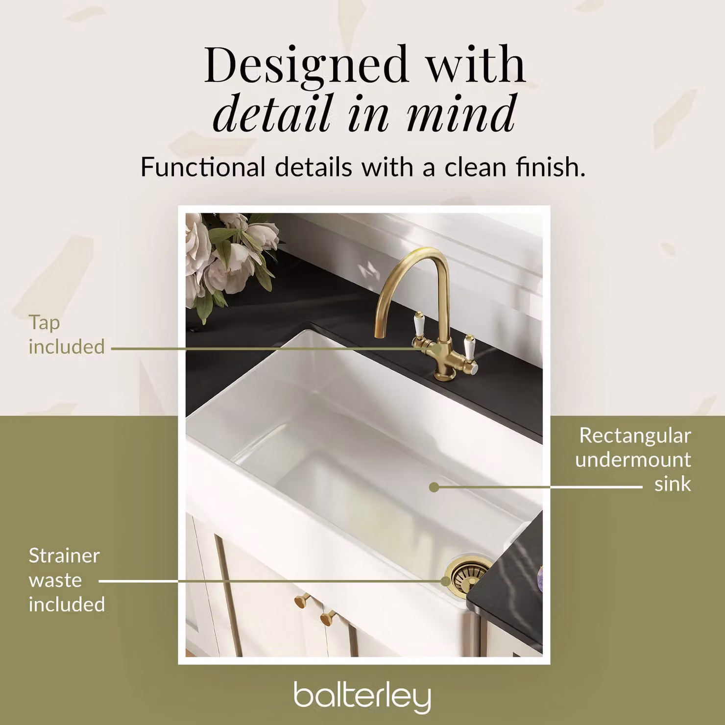 Balterley White Ceramic 1 Bowl Belfast Sink with Brushed Brass Strainer Waste and Tap, W: 795 mm – 4