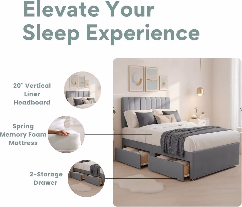 Bed Time UK Luxe Hybrid Divan Bed with 20in Headboard and 2 Drawer Storage, Grey, W/D/H: 90 x 200 cm – 2
