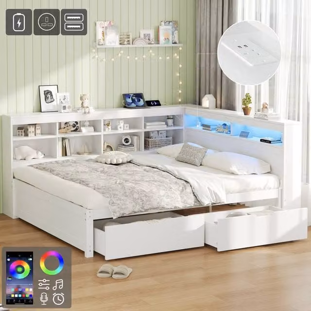Matteo White Modern Solid Wood Double Daybed with LED Lighting, Storage Drawers and USB Charging Station, 140 x 200 cm