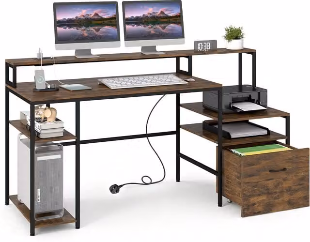 COSTWAY Multi-Tiered Computer Desk with Charging Station in Brown