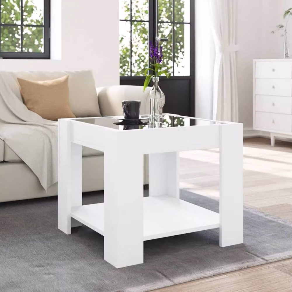 Berkfield Home White Glossy LED Coffee Table with Glass Top, W/D/H: 53 x 53 x 45 cm – 1