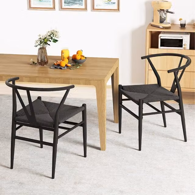 Costway Set of 2 Black Mid-Century Wishbone Dining Chairs with Armrests and Kraft Paper Twine Seat