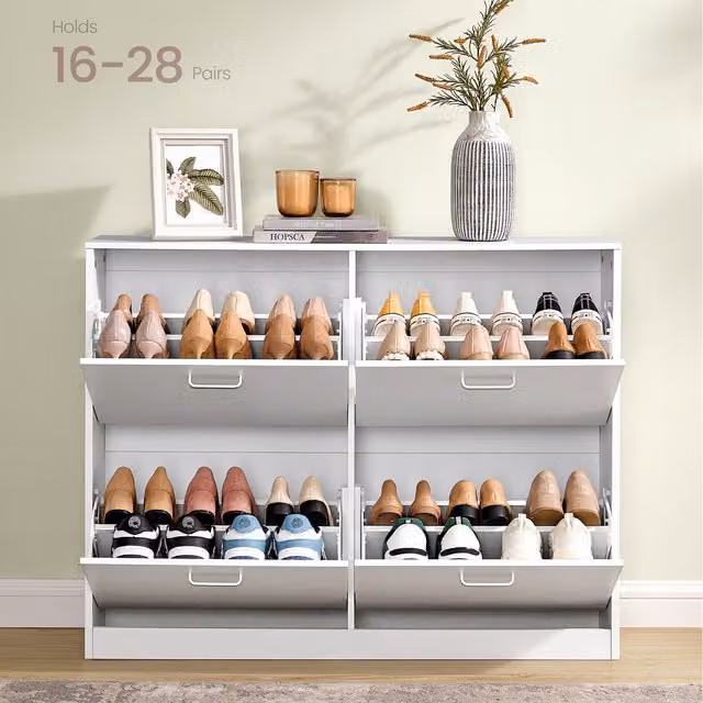 VASAGLE Modern White Shoe Storage Cabinet with 4 Tilting Compartments