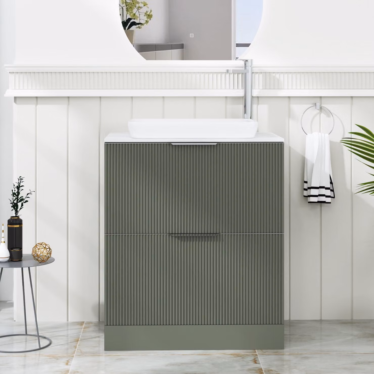Royal Bathrooms Evora Sage Green Fluted Floor Standing Countertop Vanity Unit with Qubix Basin and 2 Drawers, Width: 70 cm