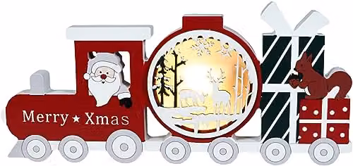 Xmas Haus Festive Light Up LED Wood Christmas Train in Red and Brown, W/D/H: 29.0 x 29.0 x 13.6 cm – 4