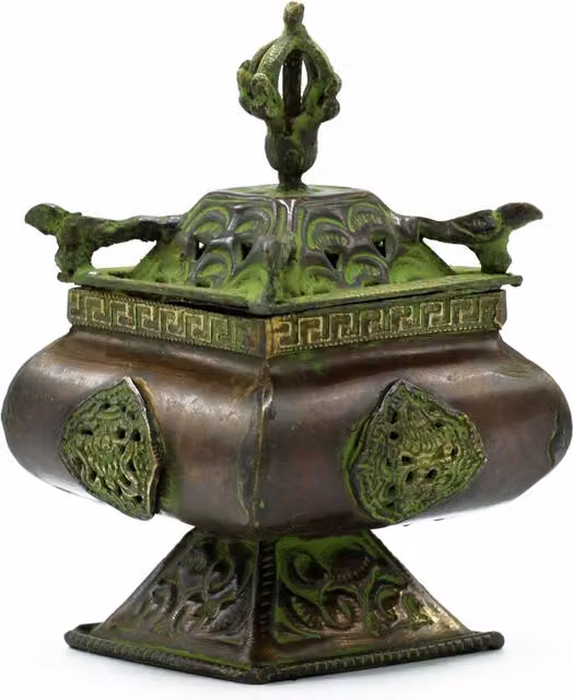 KDMD Brass Verdigris Tibetan Burner, Green Square Standing Metal Pot