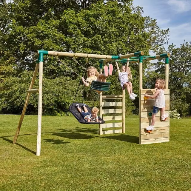 Rebo Wooden Swing Set with Swing in Green and Brown