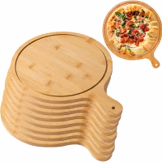 Nordara Round Solid Wood Pizza Serving Tray and Cutting Board with Handle in Brown, Diameter: 33.02 cm – 1