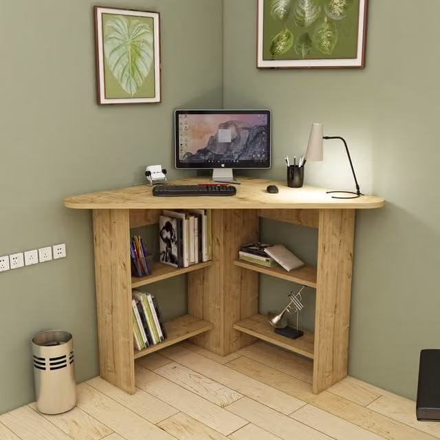 Destina Home Modern Corner Computer Desk with Shelves in Brown – 1
