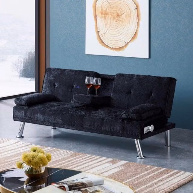 Comfy Living Verona Crush Velvet Click Clack Sofa Bed with Cup Holders in Black