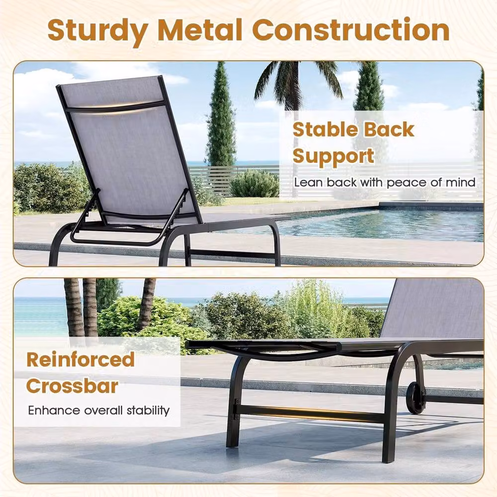 Kelvenix Set of 2 Grey Modern Lounge Chairs with Adjustable Headrests and Castors for Garden and Terrace – 4