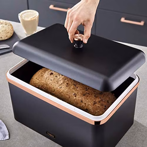 Tower Cavaletto Bread Bin with Removable Lid and Set of 3 Airtight Storage Canisters for Coffee, Sugar and Tea in Black and Gold Stainless Steel – 2