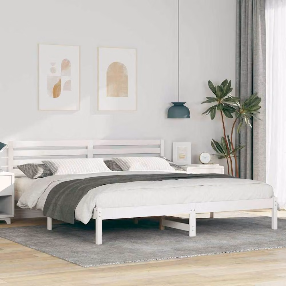 Berkfield Home White Solid Pine Wood Bed Frame with Headboard 200 x 200 cm – 2