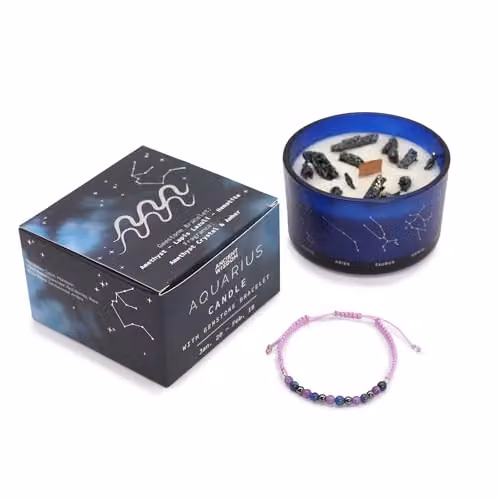 Ancient Wisdom Serenityy Zodiac Crystal Candle with Gemstone Bracelet - Aquarius, Blue