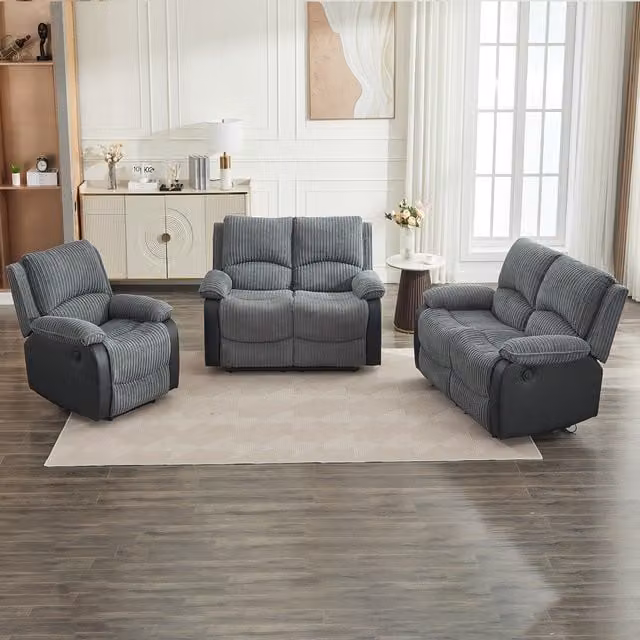 Furniture One Grey Corduroy Sectional Recliner Sofa Set