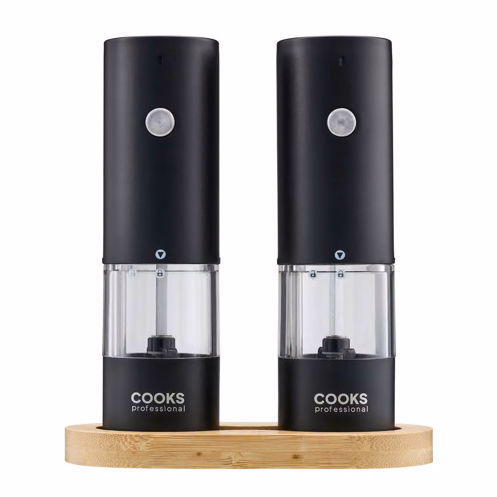 Cooks Professional Rechargeable Stainless Steel Salt and Pepper Mill Set with Bamboo Base in Black – 5