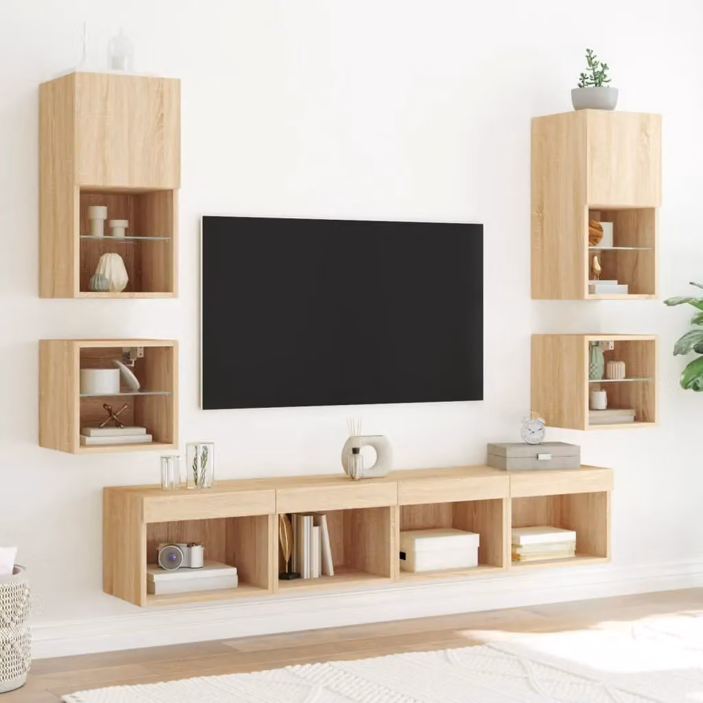 Berkfield Home Set of 2 Modern Wall-Mounted TV Cabinets with Integrated LED Lighting and Glass Doors in Sonoma Oak Brown, W/D/H: 30 x 28.5 x 30 cm – 3