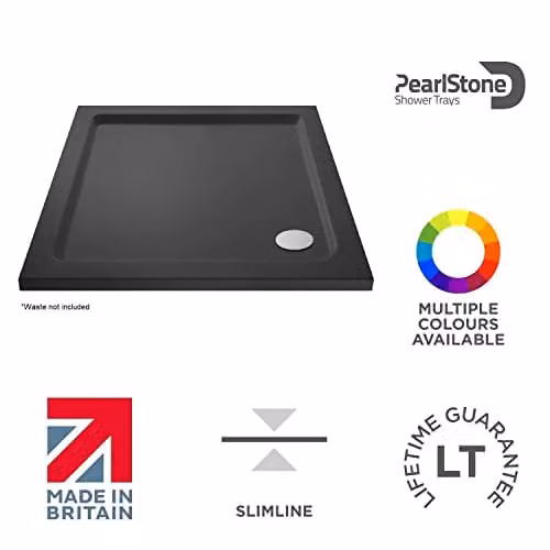 Nuie TR71002 Modern Square Slimline Pearlstone Shower Tray, Grey, W: 70 cm x D: 70 cm x H: 4 cm – 4