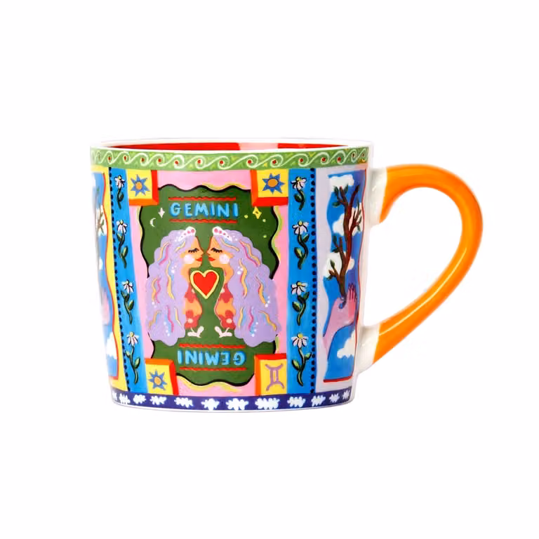 Eleanor Bowmer Gemini Zodiac Bone China Mug in Orange, Gold and Multicolour