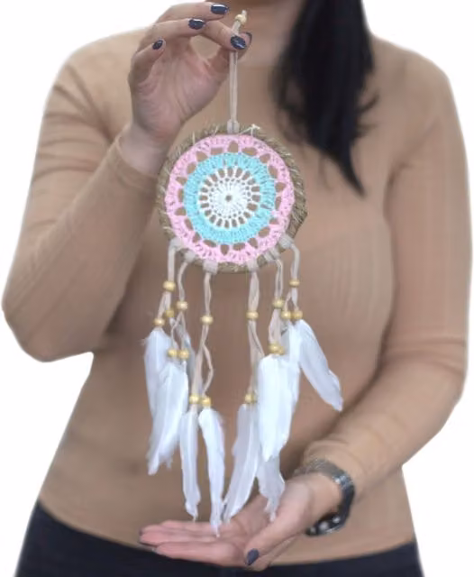 KDMK Handmade Boho Macram Dream Catcher in Pink and Multicolour, Diameter: 12 cm