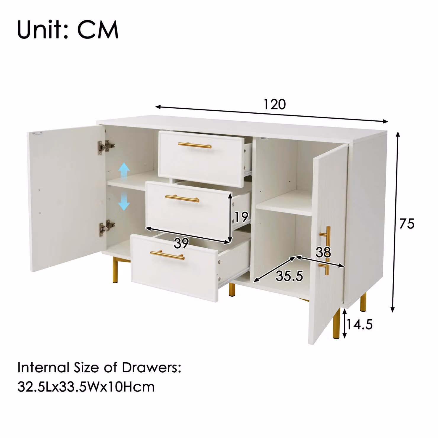 Matteo Sideboard Cabinet and Chest of Drawers in White for your Living Room, W/D/H: 120 x 40 x 75 cm – 2