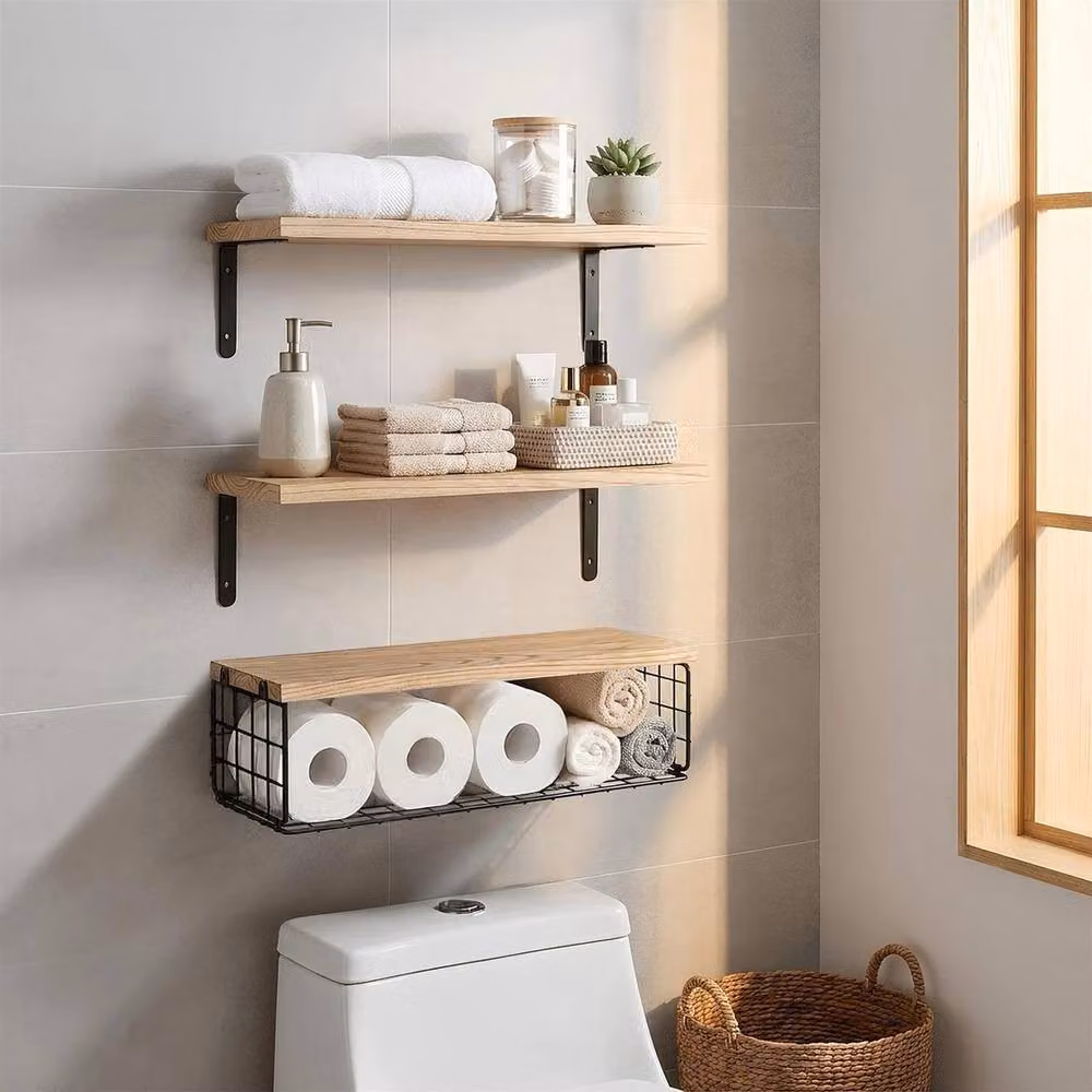 NESTLUNE Set of 3 Rustic Brown Wooden Wall Mounted Bathroom Shelves – 2