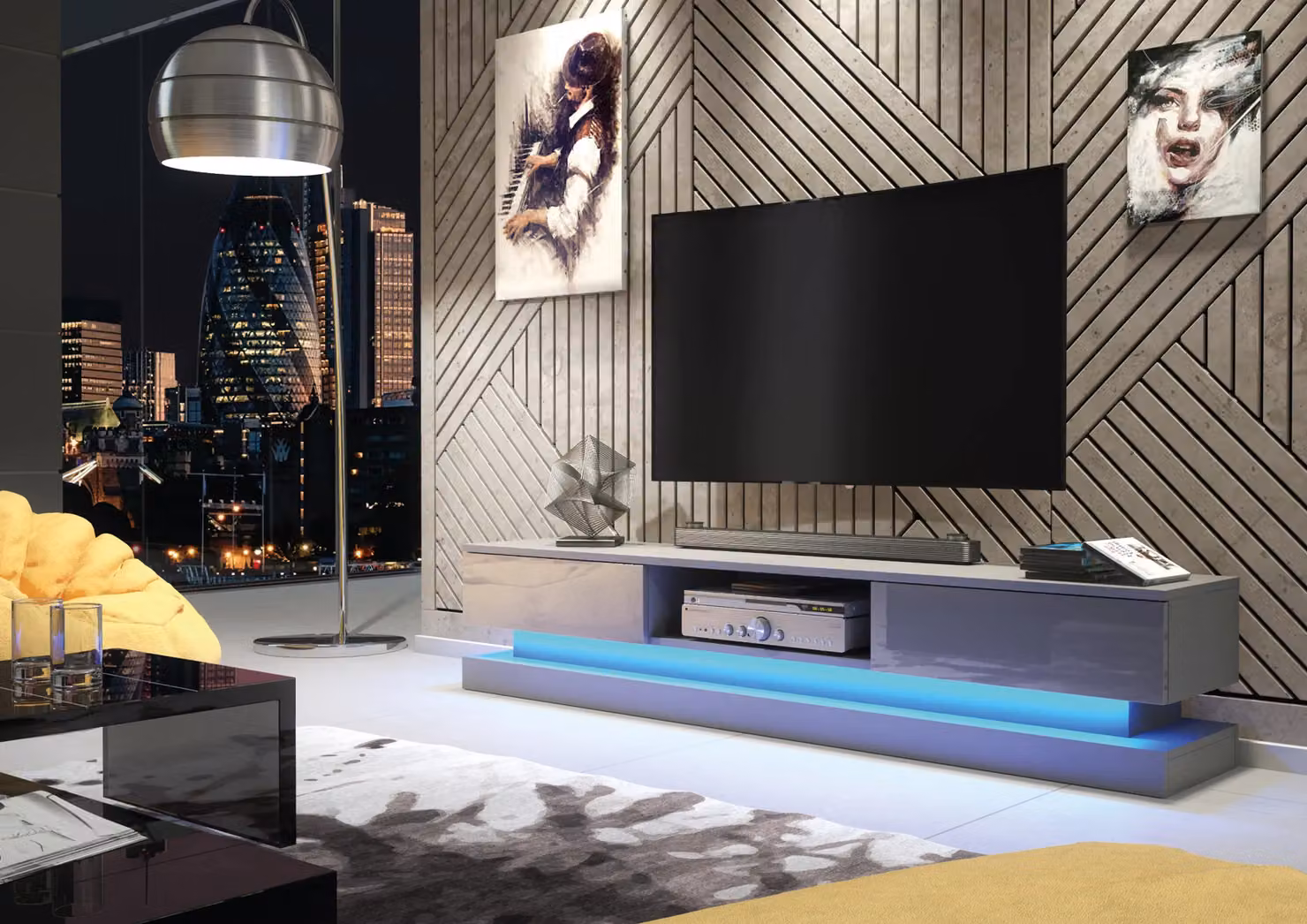 Mex Furniture LTD Modern TV Unit with LED Lighting and Glossy Doors in Dark Grey, W: 180 cm, H: 36 cm, D: 35 cm – 3