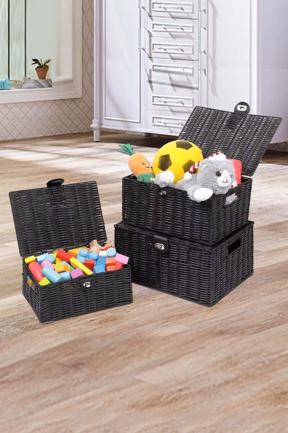 Arpan Set of 3 Resin Woven Storage Basket Boxes with Lid and Lock in Black – 12