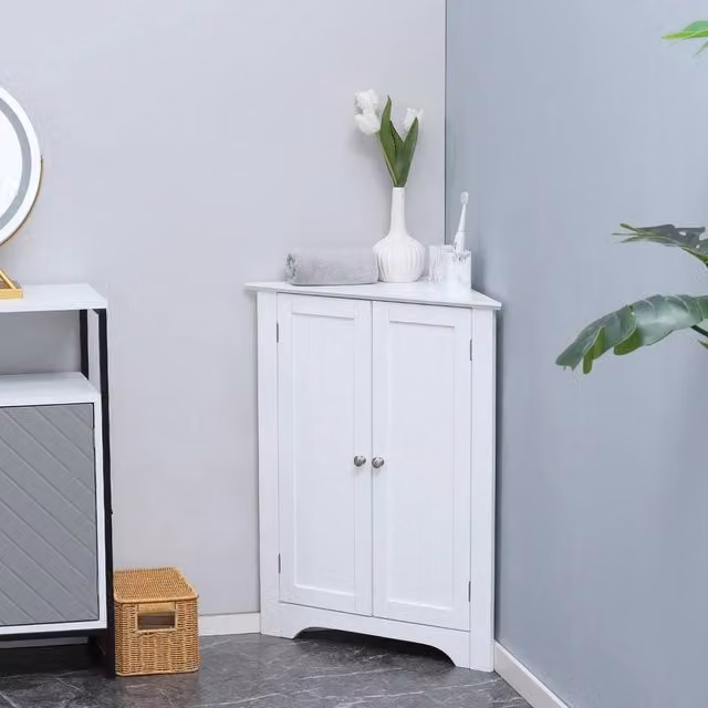 Hinsinc Slim White Freestanding Corner Bathroom Storage Cabinet with Hinged Doors and Internal Shelves