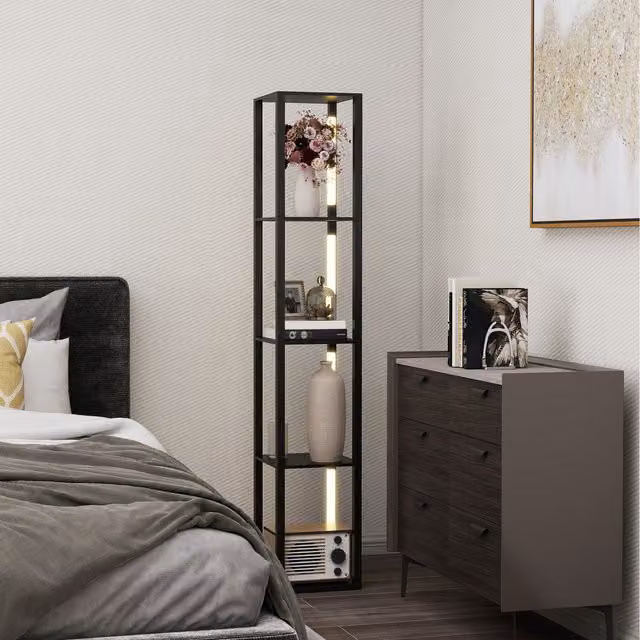 HOMCOM Modern Black LED Floor Lamp with Shelves, 3 Brightness Levels and Foot Switch