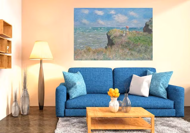 Benjamin Tate Design LTD Claude Monet Cliff Walk At Pourville Canvas Print, Blue/Multicolour, W: 114 cm, H: 77 cm