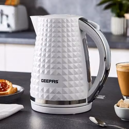 GEEPAS White Kitchen Set with 1.7L Electric Kettle, 4 Slice Bread Toaster and Microwave