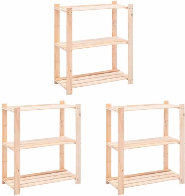 Berkfield Home 3-Piece Set of 3-Tier Solid Pinewood Storage Racks in Beige, W/D/H: 80 x 38 x 90 cm