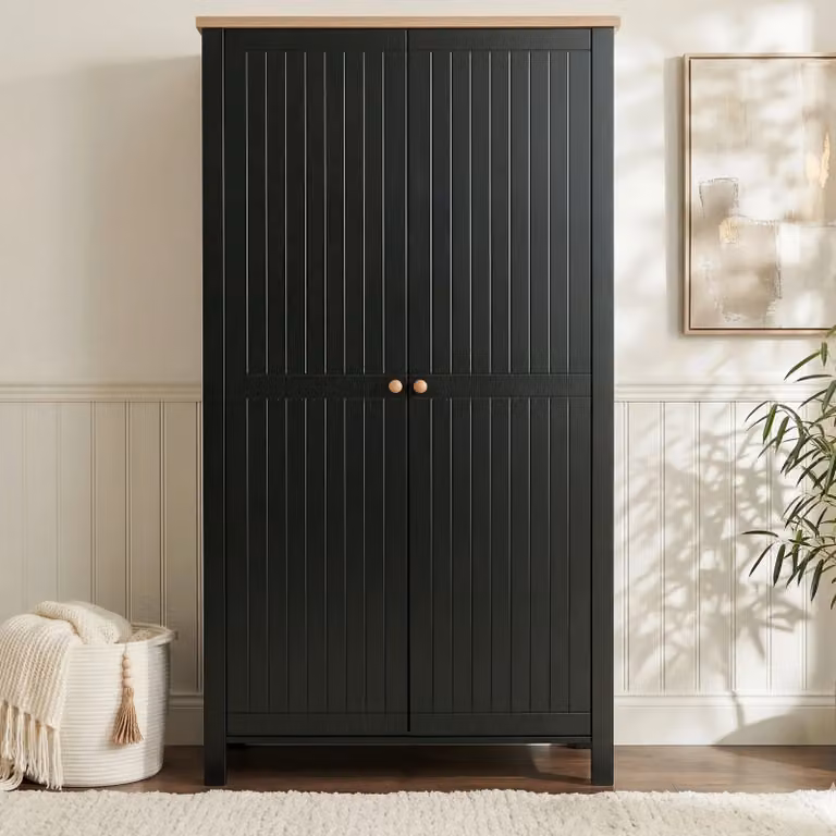 DHS Black Mid-Century Oak Double Wardrobe with Soft-Close Hinged Doors, Internal Shelves and Hanging Rod, H 186 x W 97.5 x D 55.5 cm