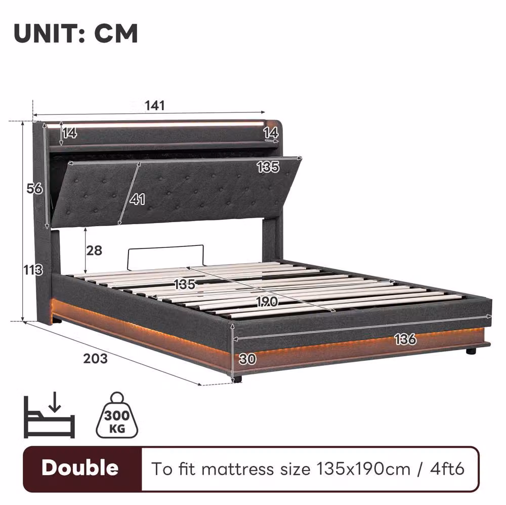 STILVORA Upholstered Double Bed Frame in Grey with Hydraulic Storage, LED Lighting and USB Charging Port, W/D/H: 140 x 200 cm – 3