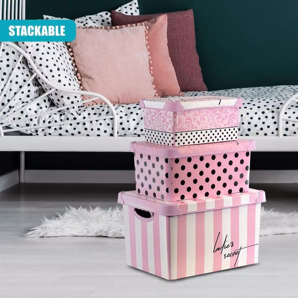 EONLION Set of 3 Stackable Plastic Storage Boxes with Lids, Pink, W/D/H: 50 x 50 x 50 cm – 2
