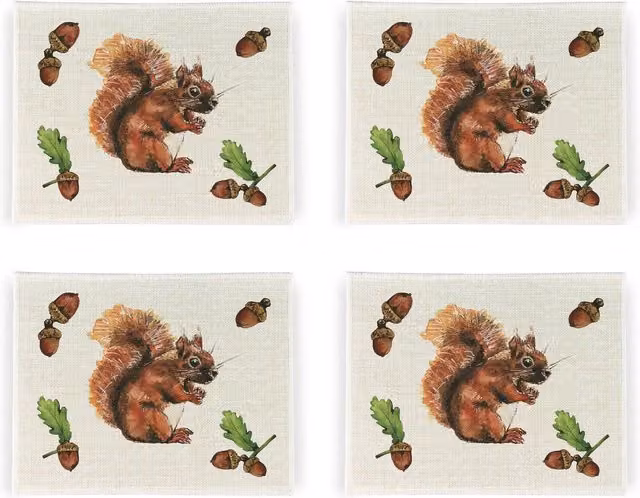 Purely Home Red Squirrel Linen Placemats, Set of 4, White and Red Graphic Square Design