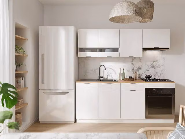Vente-unique Modern Complete Kitchen Set with 6 Storage Units in White and Light Oak, W: 200 cm, D: 60 cm, H: 82 cm