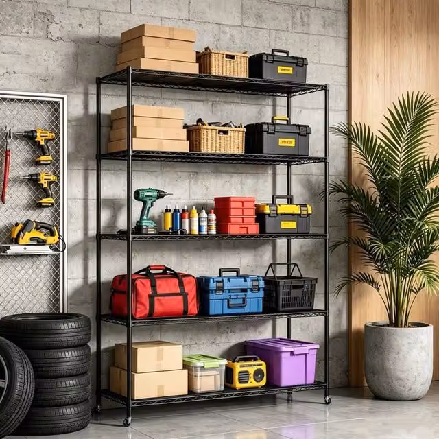 EONLION 5 Tier Metal Wire Storage Shelf Unit in Black with Adjustable Shelves