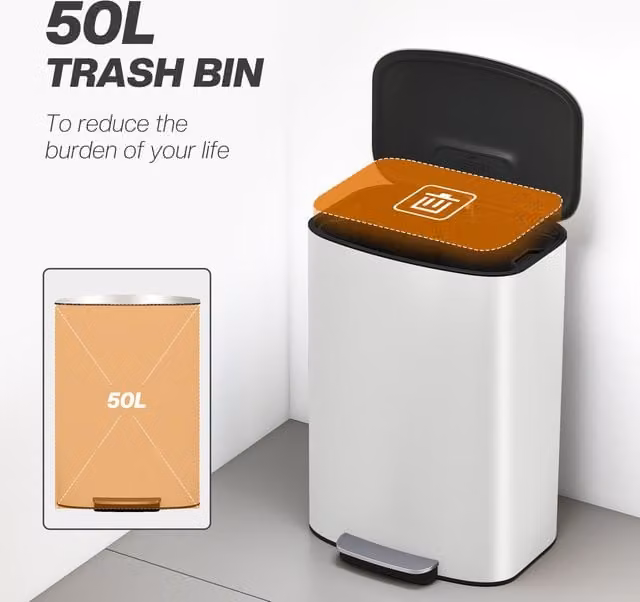 HOMCOM 50L Kitchen Pedal Bin with Soft-Close Lid and Fingerprint-Proof Finish in Cream/Beige