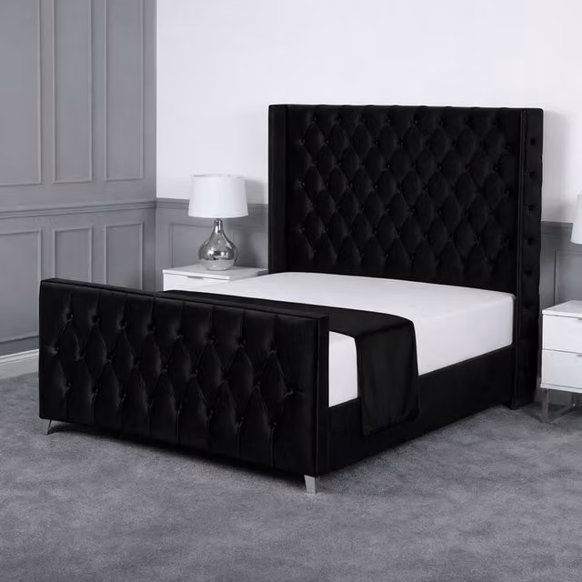 Living Comfort Bedz Seraphina Double Plush Velvet Upholstered Bed with Slatted Base in Black, W/D/H: 140 x 200 cm