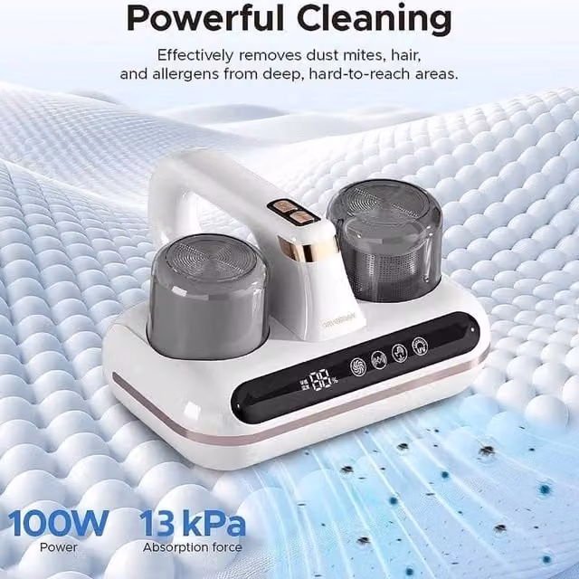 VOGREX White Handheld Ultrasonic Mite Remover Mattress Vacuum Cleaner with UV-C Light and Tapping Vibration
