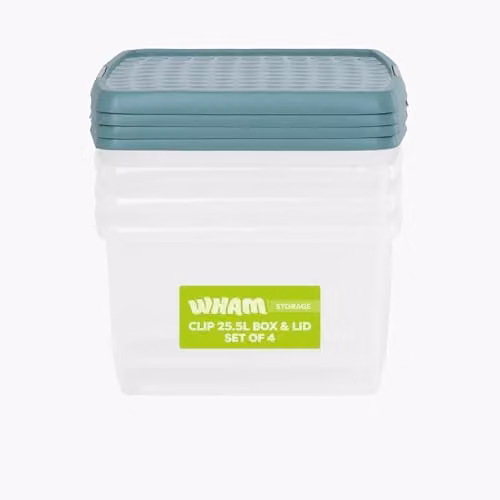 Wham 4 x 25.5L Square Stackable Plastic Storage Boxes with Lids, Transparent and Green – 1