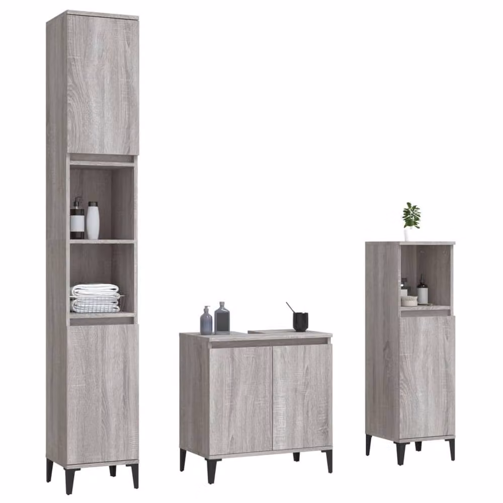 Berkfield Home 3 Piece Modern Grey Bathroom Furniture Set with Vanity Unit and Freestanding Storage – 2