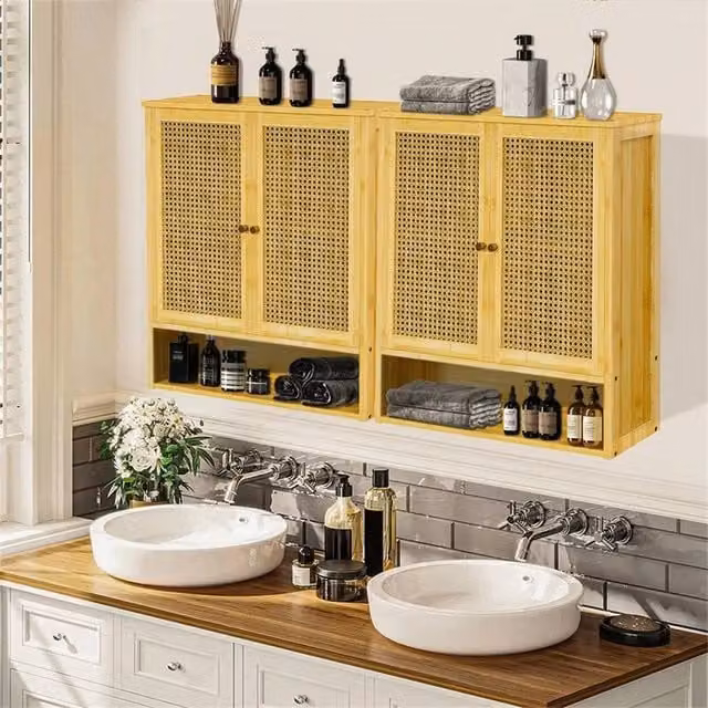 EONLION Natural Rattan and Wood Wall Mounted Bathroom Cabinet with Sliding Doors and Internal Shelves