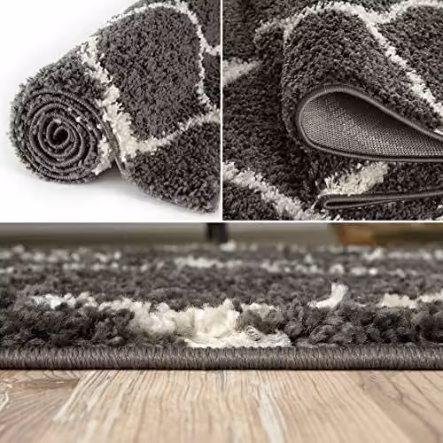 THE RUGS Moroccan Shaggy Area Rug in Grey and White, W: 80 cm, D: 150 cm – 6