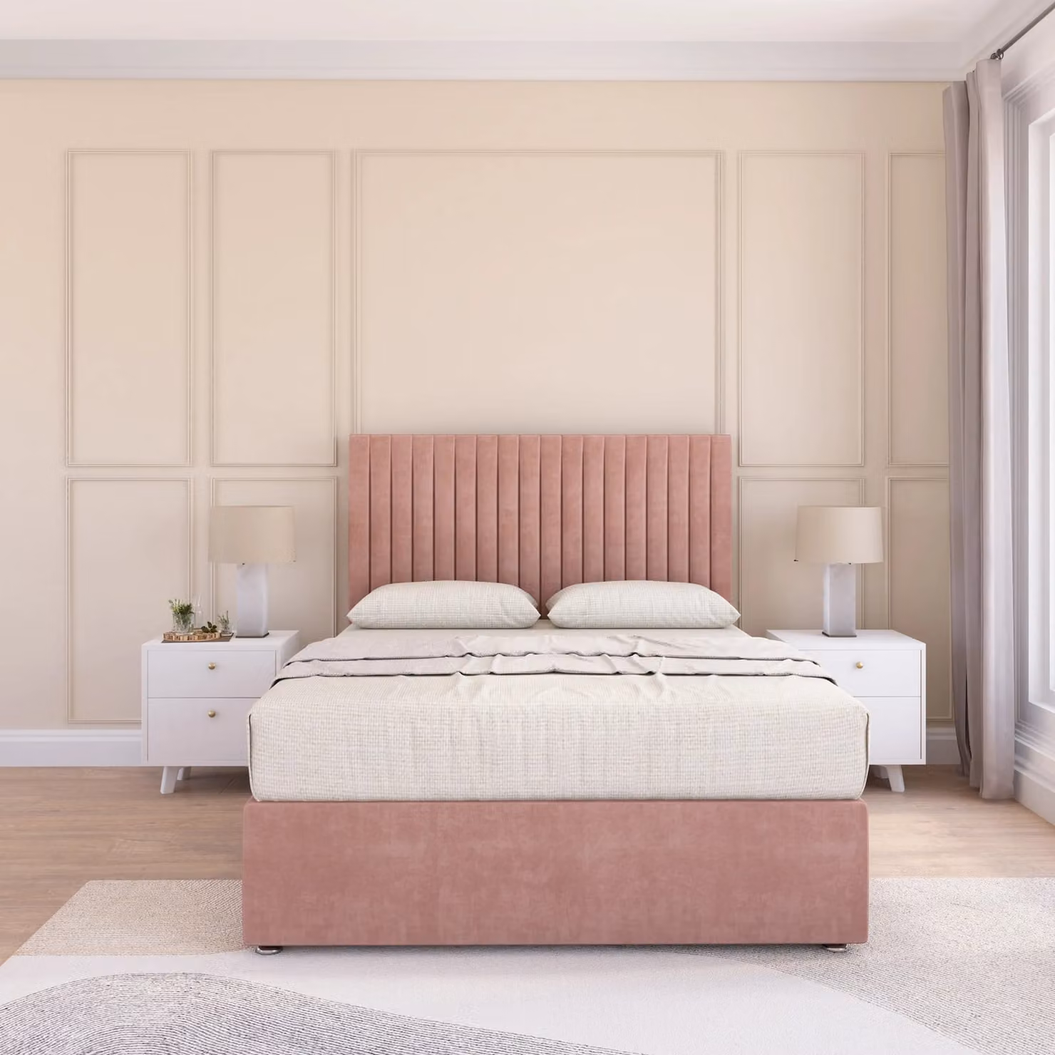 Sloomy Manhattan Pink Velvet Upholstered Super King Divan Bed Base and Floor Standing Headboard W/D/H: 200 x 200 cm