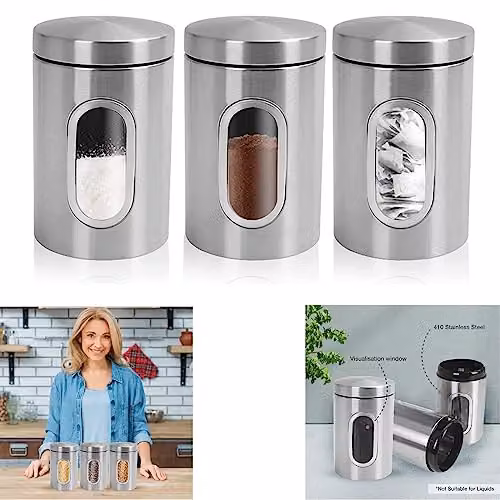 MantraRaj 3 Piece Stainless Steel Airtight Kitchen Canister Set in Silver and Black – 4