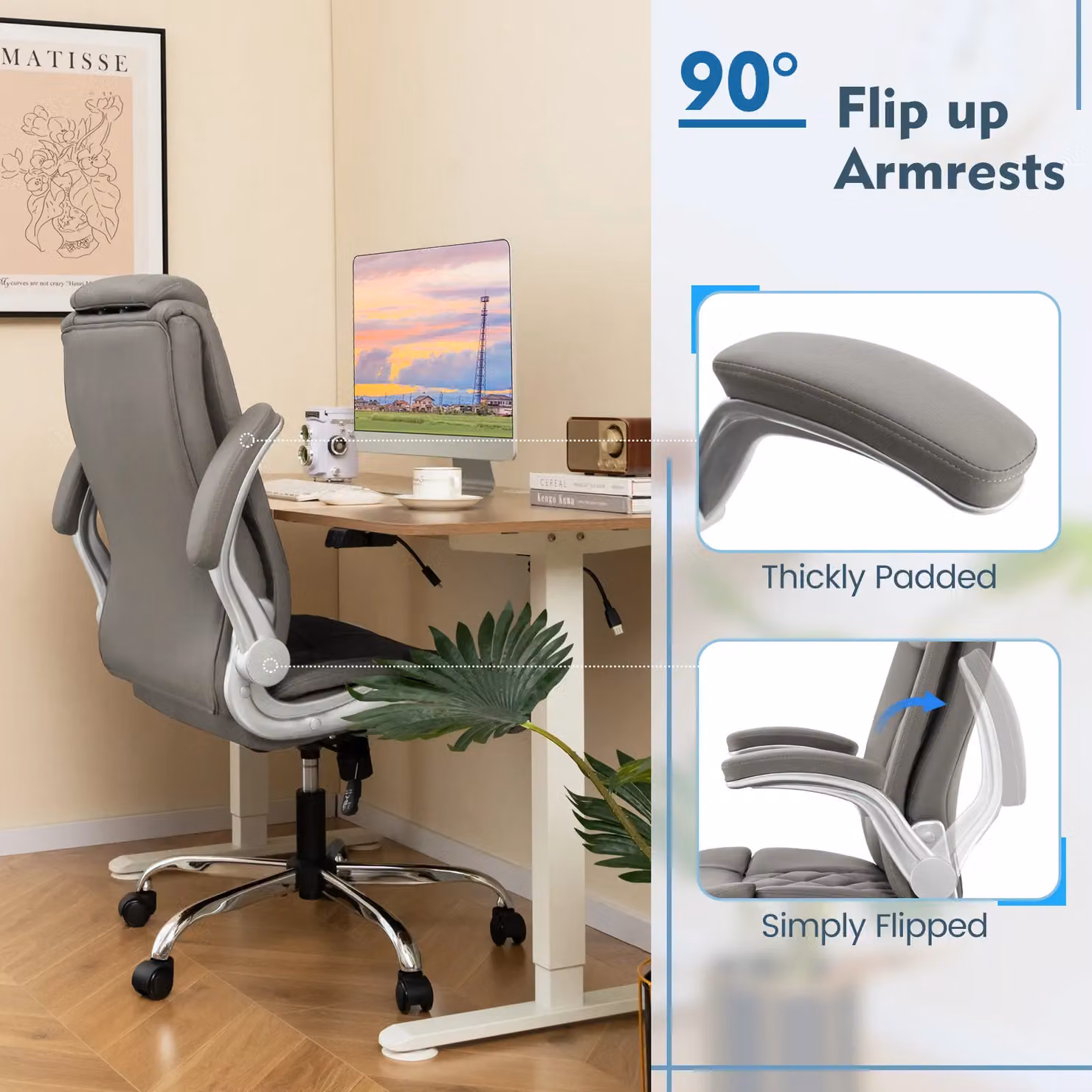 Costway Grey PU Leather Executive Office Chair with Headrest and Armrests – 4