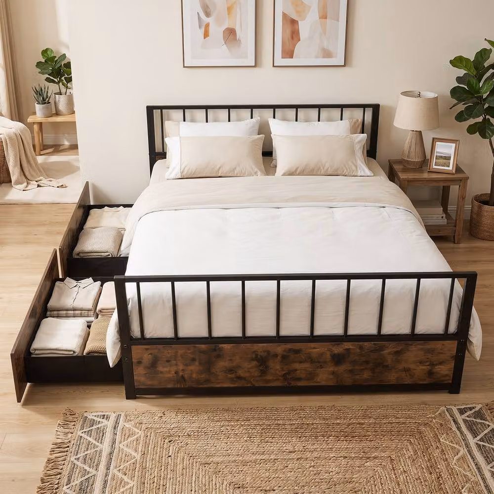 Gymax Industrial Metal Platform Bed Frame with 2 Drawers, Black, 140 x 200 cm – 7